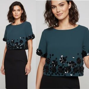 Teri Jon Cropped Sequin Floral Appliqué Deep Green Evergreen Size 8